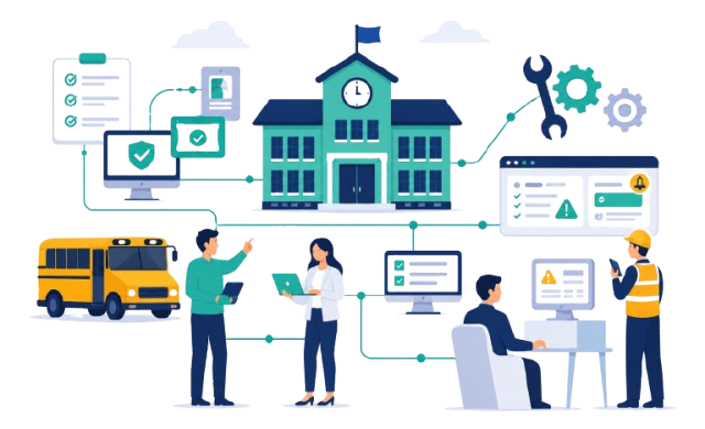An illustrated school being managed end-to-end by Schoolwati - admissions, communication, transport, dashboards, and parent / staff engagement all connected to one platform.